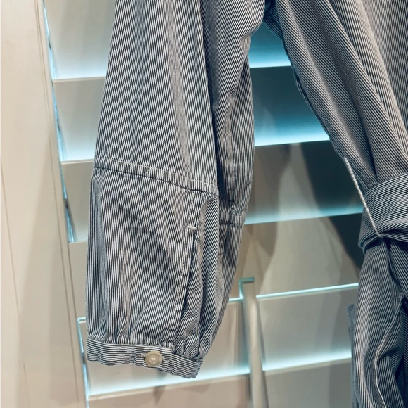 Everlane Cotton Weave Collarless Belted Shirtdress pinstripe Sz 6 pockets navy - Picture 12 of 16